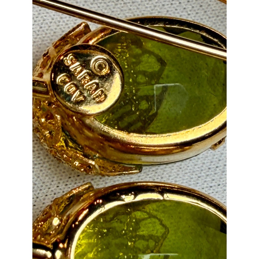 Vintage Sarah Coventry Gold Tone Olive Green Glass Stone Spray Brooch Pin - Picture 7 of 9